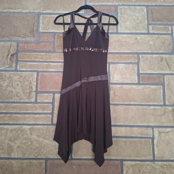 Taboo Vintage Y2K Espresso Brown Asymmetrical Hem Halter Mini Dress M - Picture 1 of 9